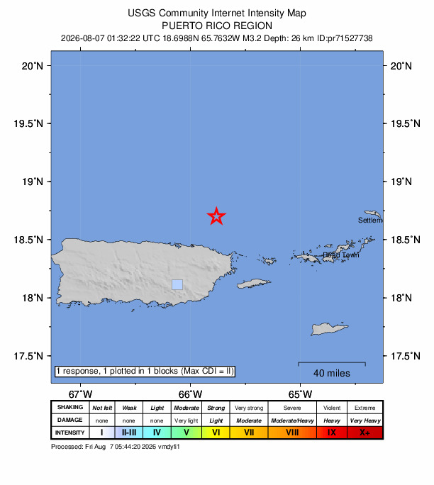 USGS DYFI community-reported intensity map for the M3.2 earthquake near 31 km NNE of Vieques, Puerto Rico