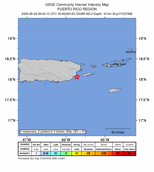 USGS DYFI community-reported intensity map for the M3.2 earthquake near 11 km SSE of Punta Santiago, Puerto Rico