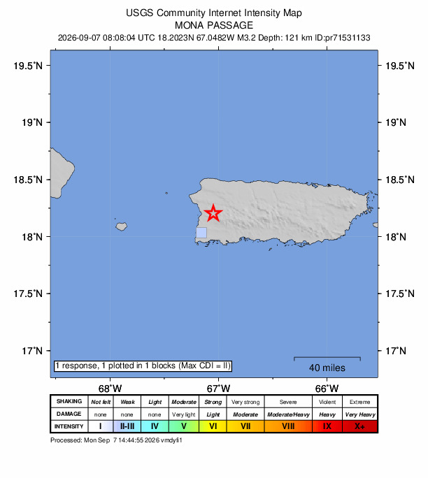 USGS DYFI community-reported intensity map for the M3.2 earthquake near 7 km WNW of Maricao, Puerto Rico