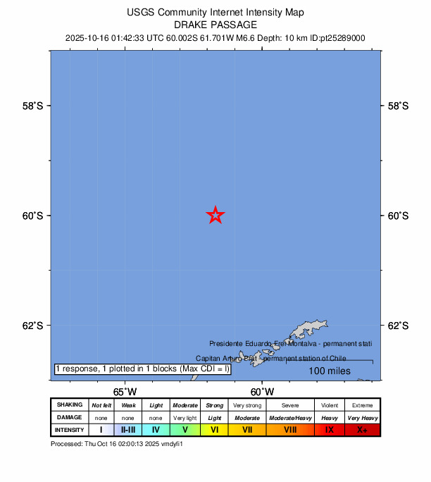 USGS DYFI community-reported intensity map for the M6.3 earthquake near Drake Passage