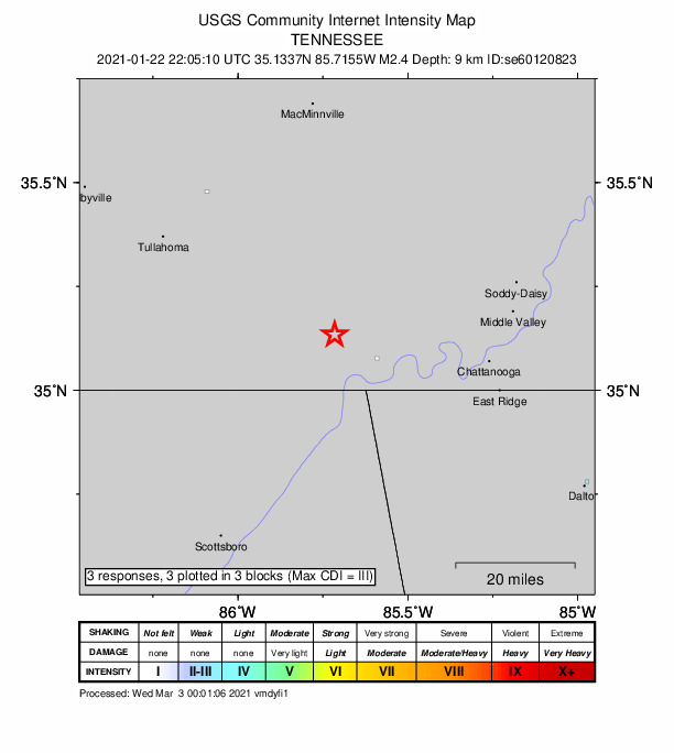 USGS DYFI community-reported intensity map for the M2.4 earthquake near 10 km NNW of Kimball, Tennessee
