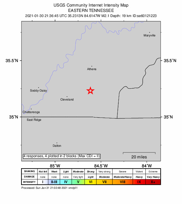 USGS DYFI community-reported intensity map for the M2.1 earthquake near 7 km NNE of Benton, Tennessee