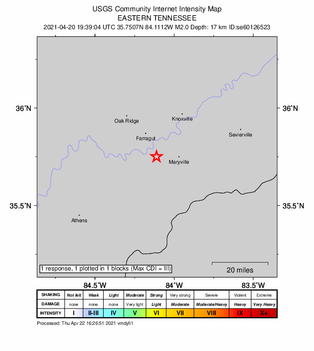 USGS DYFI community-reported intensity map for the M2.0 earthquake near 2 km ESE of Friendsville, Tennessee