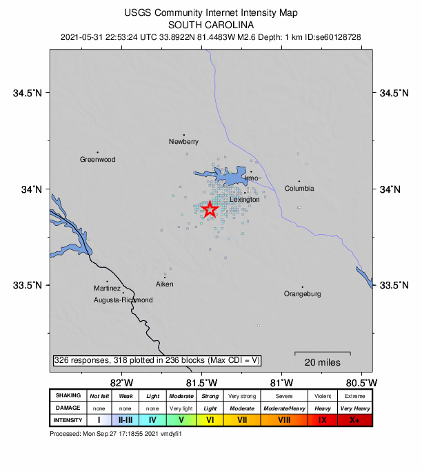 USGS DYFI community-reported intensity map for the M2.6 earthquake near 4 km SW of Summit, South Carolina