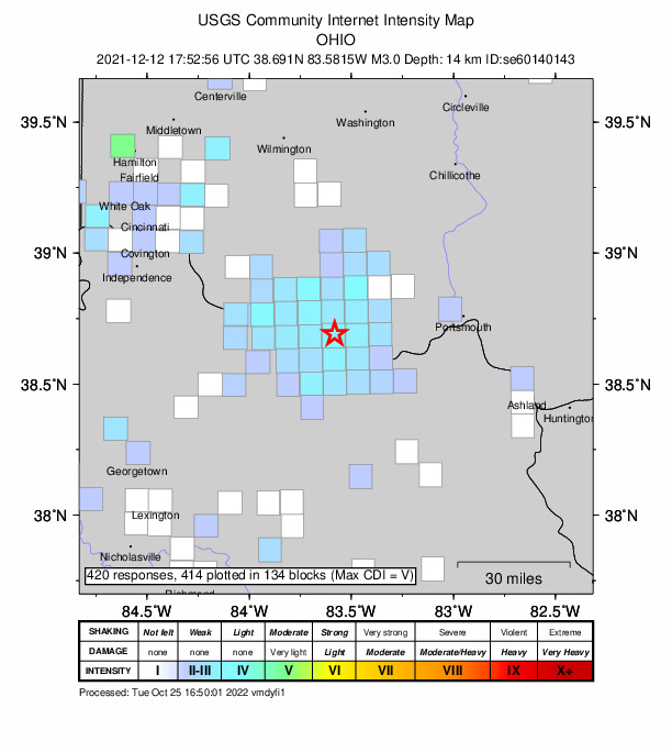 USGS DYFI community-reported intensity map for the M3.0 earthquake near 2 km E of Manchester, Ohio