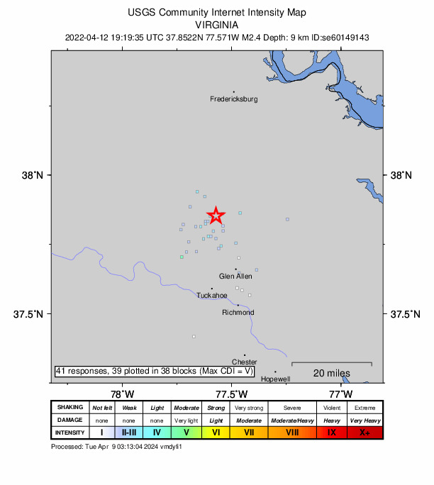 USGS DYFI community-reported intensity map for the M2.4 earthquake near 13 km NW of Ashland, Virginia