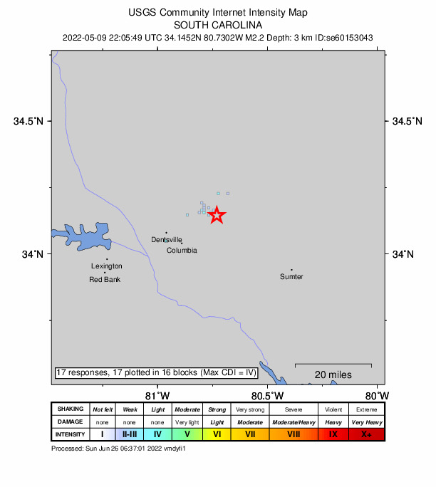 USGS DYFI community-reported intensity map for the M2.2 earthquake near 6 km ESE of Elgin, South Carolina