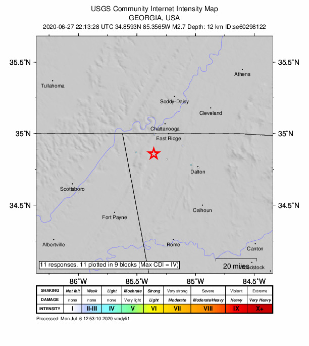 USGS DYFI community-reported intensity map for the M2.7 earthquake near 6 km WSW of Chickamauga, Georgia