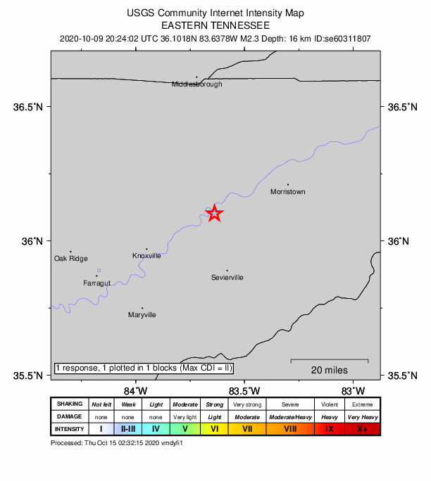 USGS DYFI community-reported intensity map for the M2.3 earthquake near 7 km W of New Market, Tennessee