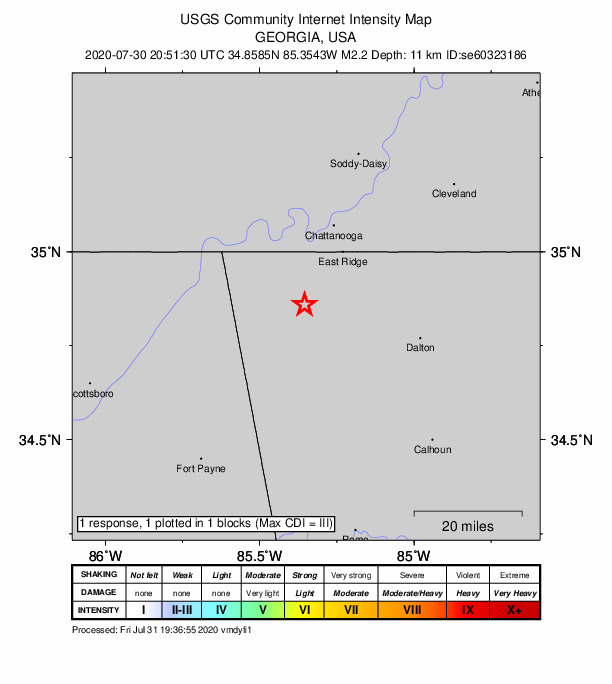 USGS DYFI community-reported intensity map for the M2.2 earthquake near 5 km WSW of Chickamauga, Georgia