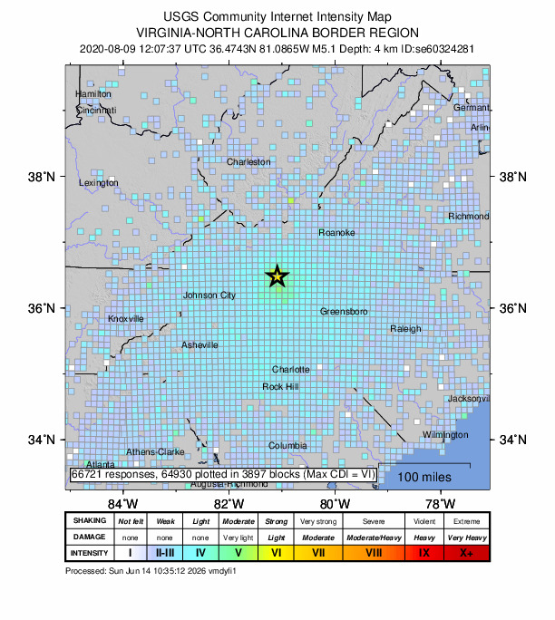 USGS DYFI community-reported intensity map for the M5.1 earthquake near 4 km SE of Sparta, North Carolina