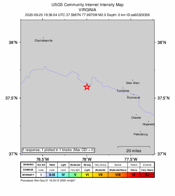 USGS DYFI community-reported intensity map for the M2.0 earthquake near 13 km SW of Goochland, Virginia