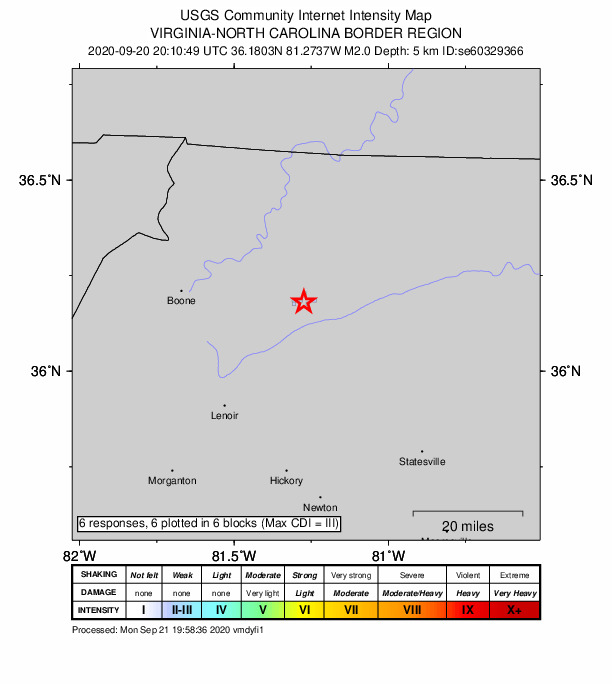 USGS DYFI community-reported intensity map for the M2.0 earthquake near 3 km WSW of Millers Creek, North Carolina
