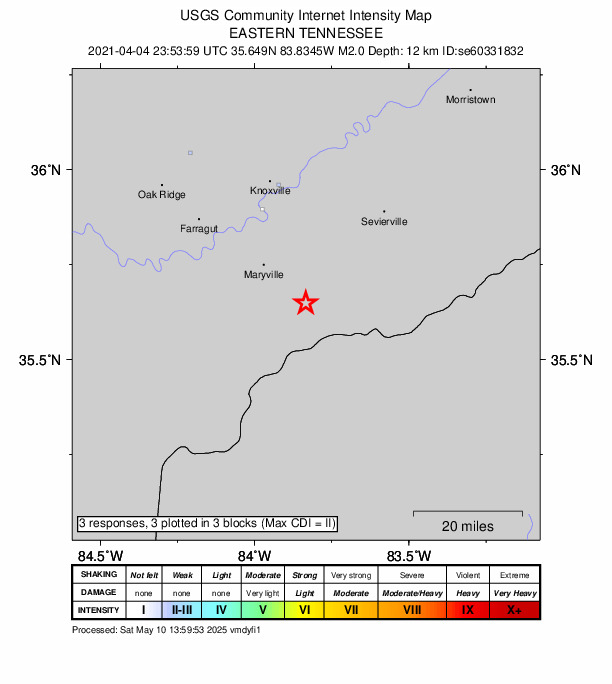 USGS DYFI community-reported intensity map for the M2.0 earthquake near 7 km WSW of Townsend, Tennessee
