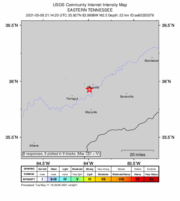 USGS DYFI community-reported intensity map for the M2.6 earthquake near 7 km WSW of Knoxville, Tennessee