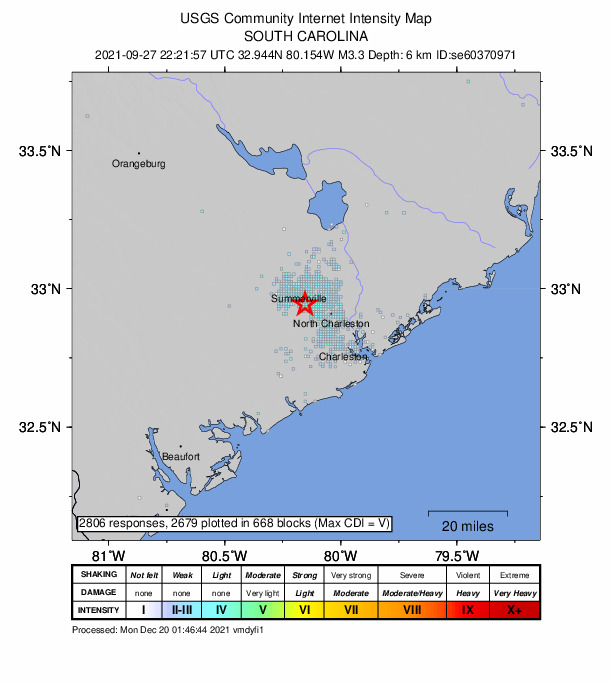 USGS DYFI community-reported intensity map for the M3.3 earthquake near South Carolina