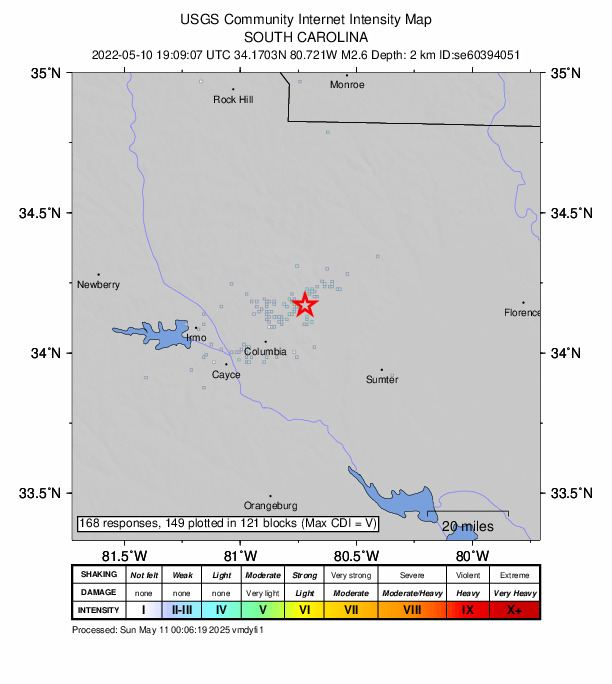 USGS DYFI community-reported intensity map for the M2.6 earthquake near 6 km E of Elgin, South Carolina