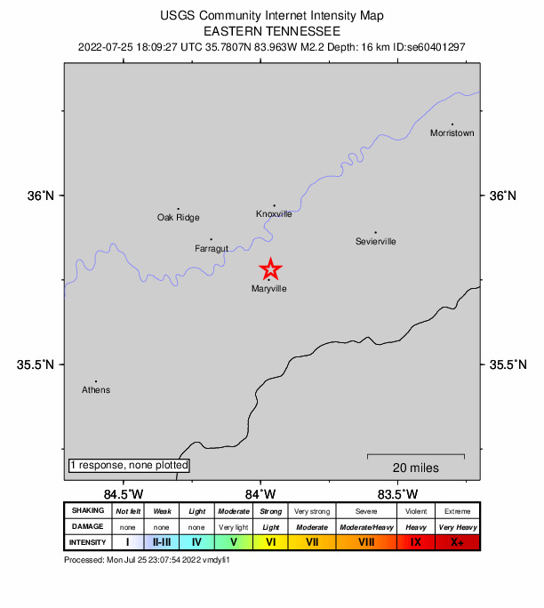 USGS DYFI community-reported intensity map for the M2.2 earthquake near 1 km SE of Alcoa, Tennessee