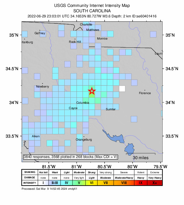 USGS DYFI community-reported intensity map for the M3.6 earthquake near 6 km E of Elgin, South Carolina