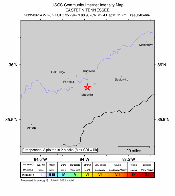 USGS DYFI community-reported intensity map for the M2.4 earthquake near 0 km NE of Alcoa, Tennessee