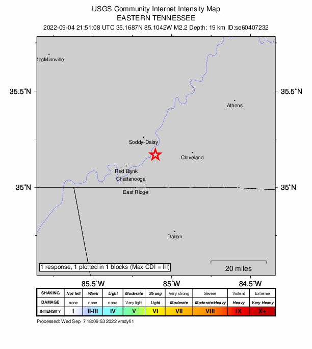 USGS DYFI community-reported intensity map for the M2.2 earthquake near 4 km SSE of Lakesite, Tennessee