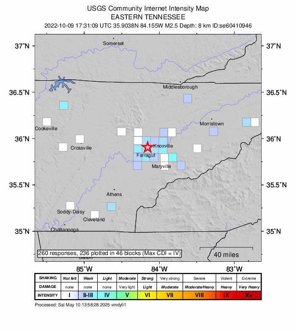 USGS DYFI community-reported intensity map for the M2.5 earthquake near 2 km N of Farragut, Tennessee