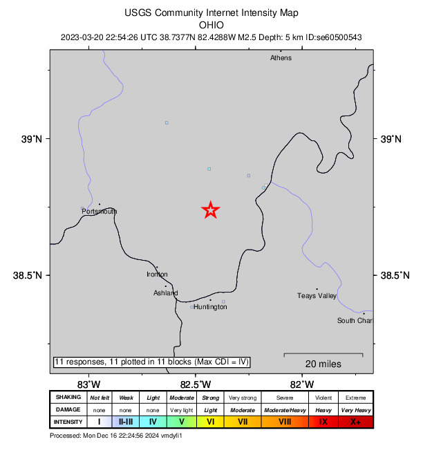 USGS DYFI community-reported intensity map for the M2.5 earthquake near 13 km SSW of Rio Grande, Ohio