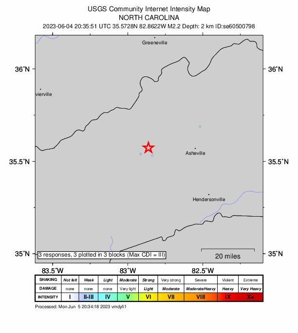 USGS DYFI community-reported intensity map for the M2.2 earthquake near 3 km N of West Canton, North Carolina