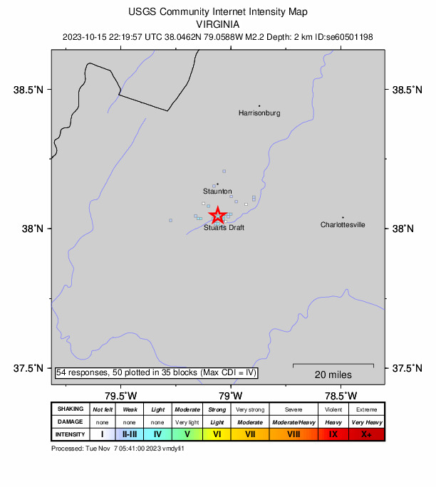 USGS DYFI community-reported intensity map for the M2.2 earthquake near 2 km NW of Stuarts Draft, Virginia