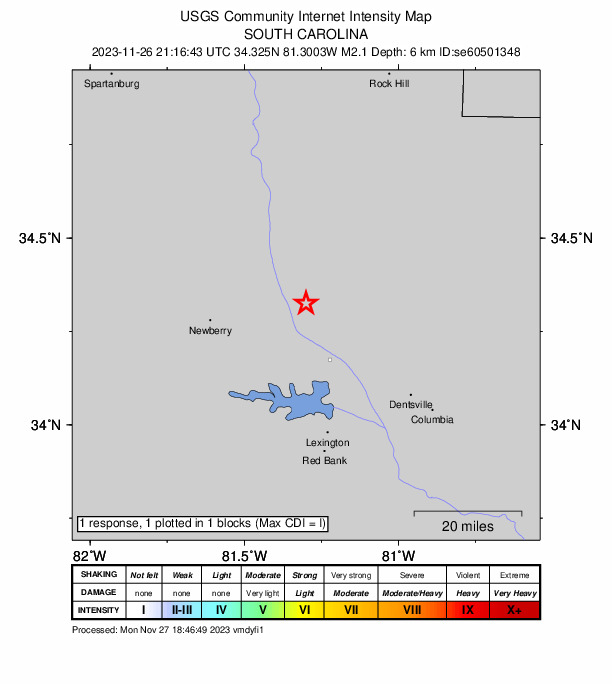 USGS DYFI community-reported intensity map for the M2.1 earthquake near 6 km N of Jenkinsville, South Carolina