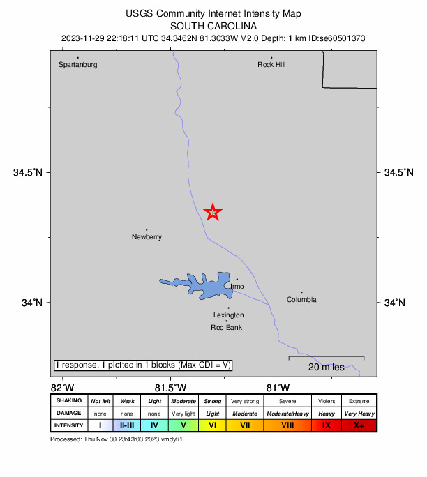 USGS DYFI community-reported intensity map for the M2.0 earthquake near 8 km N of Jenkinsville, South Carolina