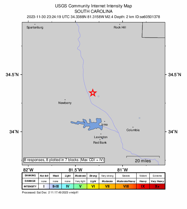 USGS DYFI community-reported intensity map for the M2.4 earthquake near 8 km NNW of Jenkinsville, South Carolina