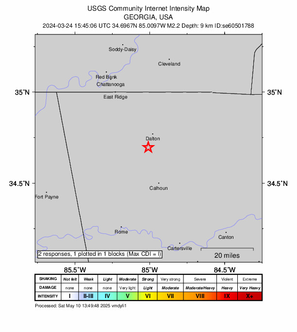 USGS DYFI community-reported intensity map for the M2.2 earthquake near 8 km SSW of Dalton, Georgia