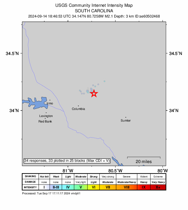 USGS DYFI community-reported intensity map for the M2.1 earthquake near 6 km ESE of Elgin, South Carolina