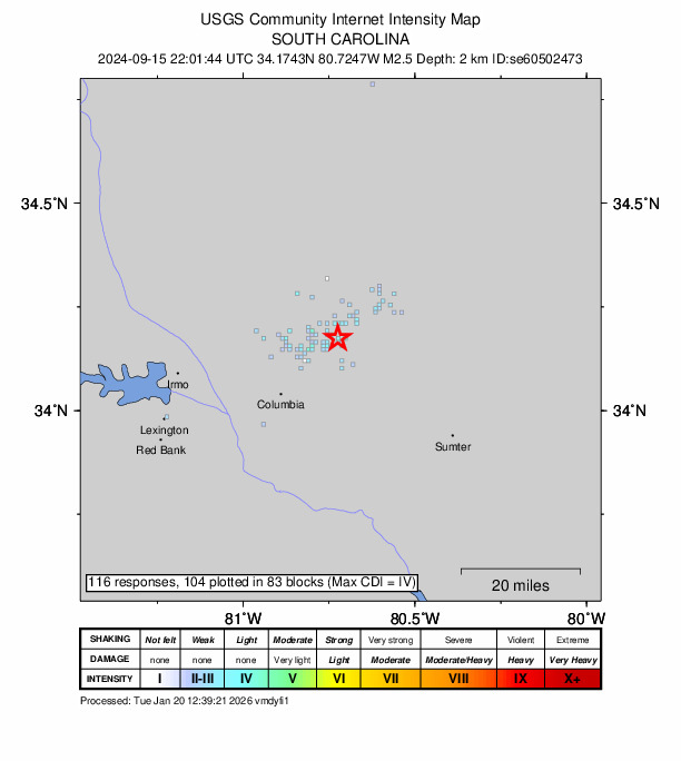 USGS DYFI community-reported intensity map for the M2.5 earthquake near 6 km E of Elgin, South Carolina