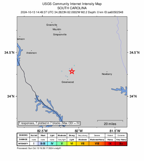 USGS DYFI community-reported intensity map for the M2.2 earthquake near 2 km N of Coronaca, South Carolina
