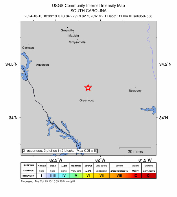 USGS DYFI community-reported intensity map for the M2.1 earthquake near 4 km WNW of Coronaca, South Carolina