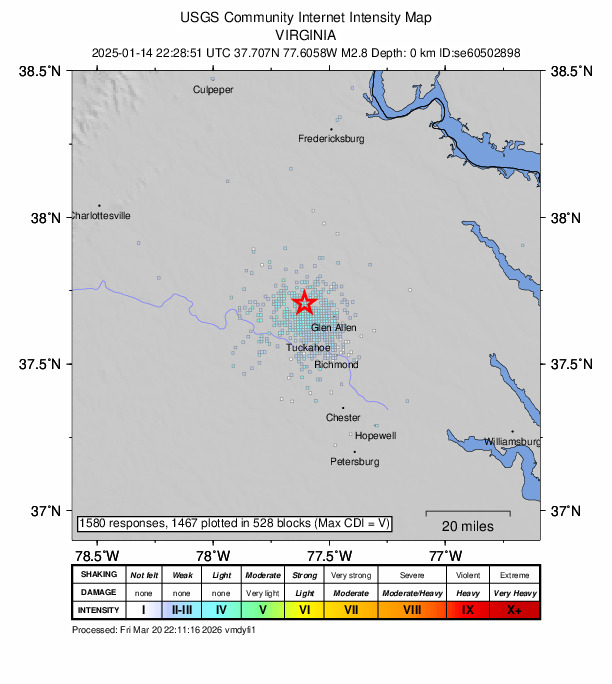 USGS DYFI community-reported intensity map for the M2.8 earthquake near 1 km NNE of Wyndham, Virginia