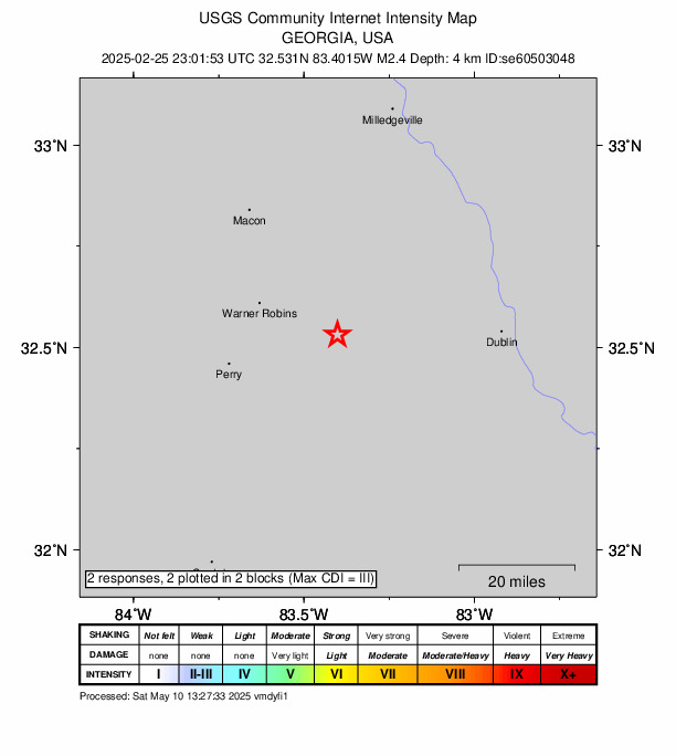 USGS DYFI community-reported intensity map for the M2.4 earthquake near 16 km NNW of Cochran, Georgia