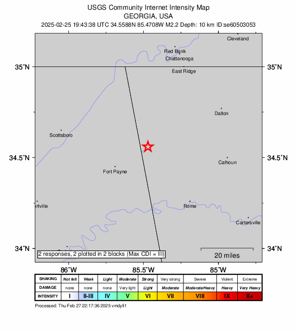 USGS DYFI community-reported intensity map for the M2.2 earthquake near 8 km N of Menlo, Georgia