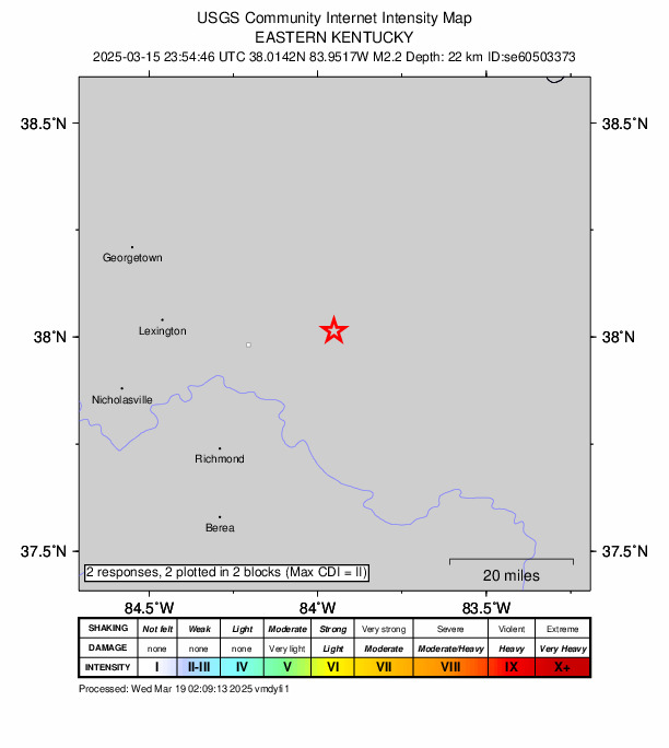 USGS DYFI community-reported intensity map for the M2.2 earthquake near 4 km S of Mount Sterling, Kentucky