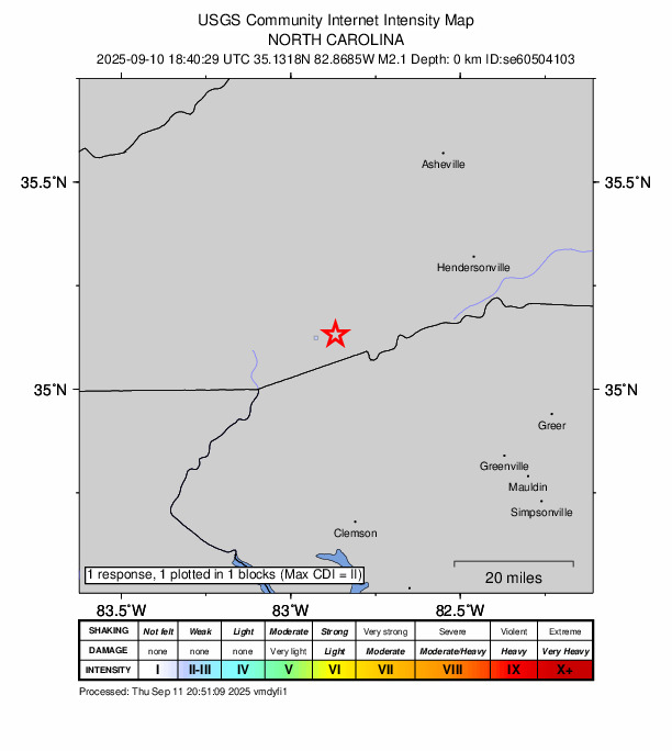 USGS DYFI community-reported intensity map for the M2.1 earthquake near 4 km WSW of Rosman, North Carolina