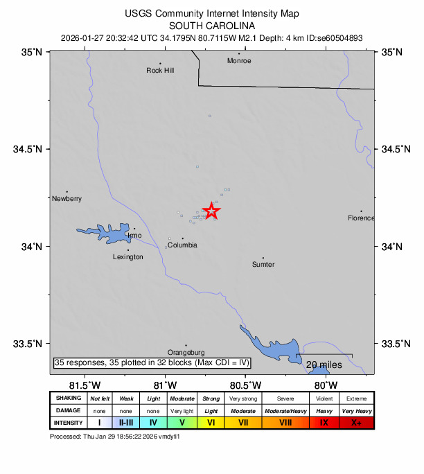 USGS DYFI community-reported intensity map for the M2.1 earthquake near 5 km SSW of Lugoff, South Carolina