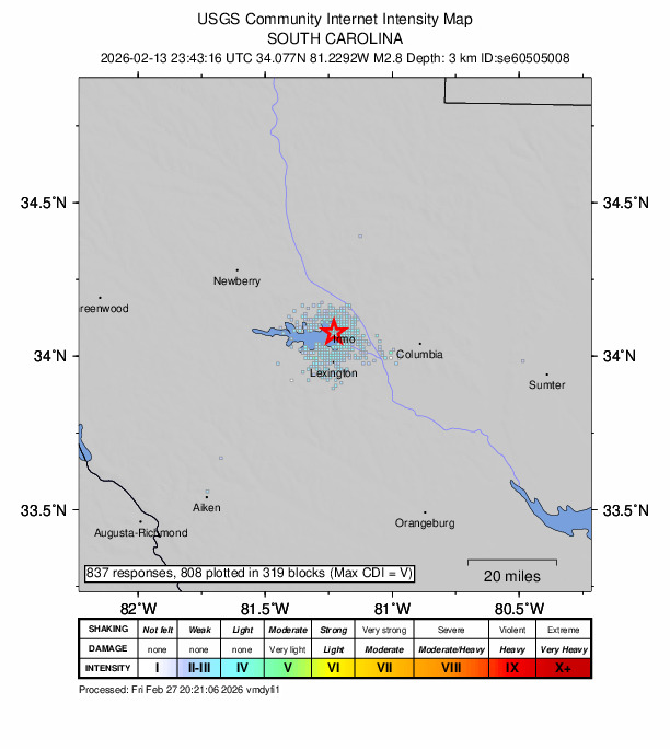 USGS DYFI community-reported intensity map for the M2.8 earthquake near 4 km WSW of Irmo, South Carolina