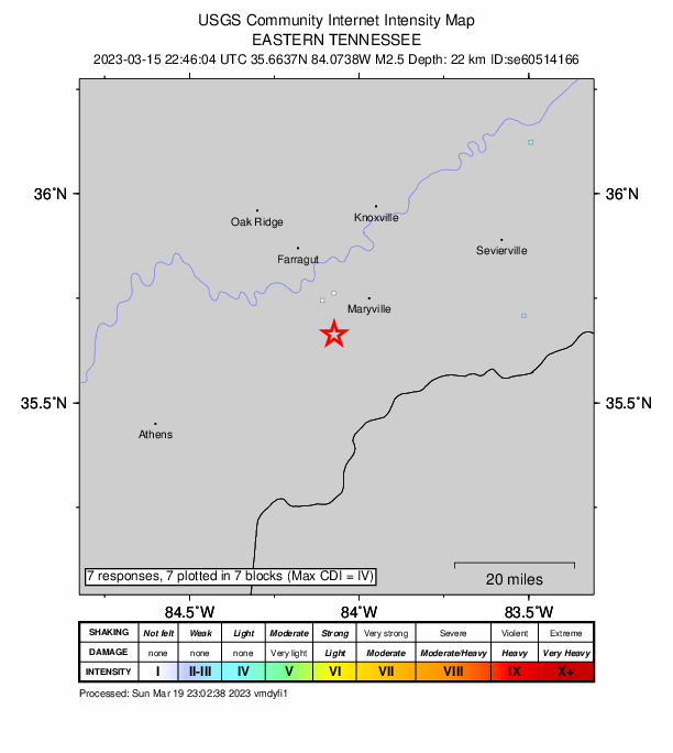 USGS DYFI community-reported intensity map for the M2.5 earthquake near Tennessee