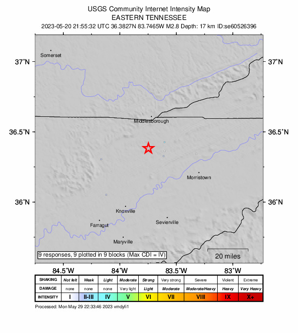 USGS DYFI community-reported intensity map for the M2.8 earthquake near Kentucky-Tennessee border region