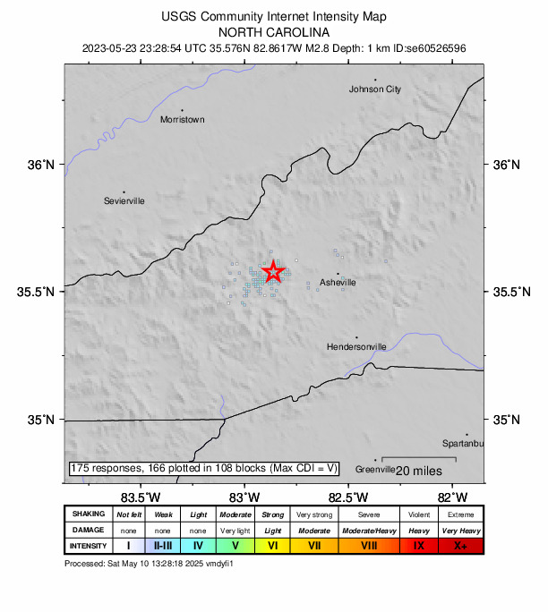USGS DYFI community-reported intensity map for the M2.8 earthquake near 4 km N of West Canton, North Carolina