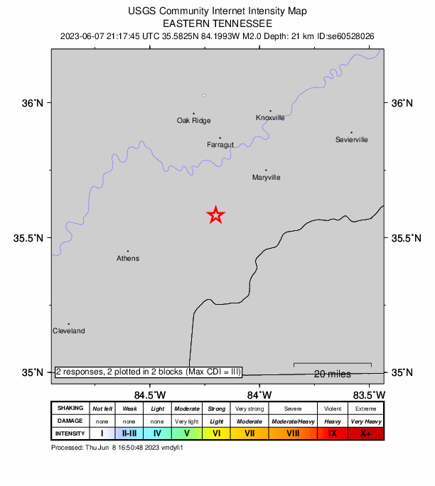 USGS DYFI community-reported intensity map for the M2.0 earthquake near 3 km ESE of Vonore, Tennessee