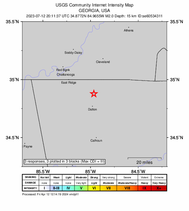 USGS DYFI community-reported intensity map for the M2.0 earthquake near 2 km SSE of Varnell, Georgia