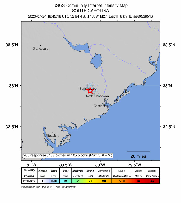 USGS DYFI community-reported intensity map for the M2.4 earthquake near 6 km SSW of Ladson, South Carolina
